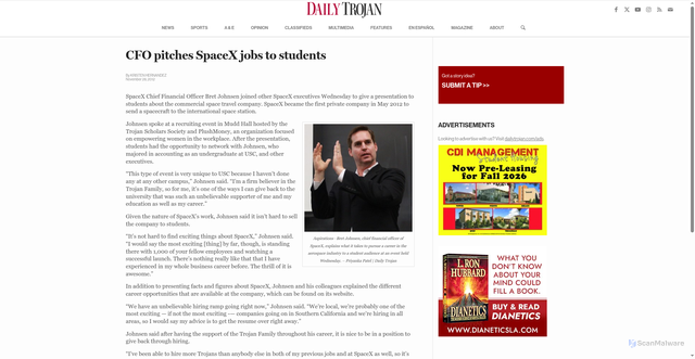 Security scan screenshot of https://dailytrojan.com/news/2012/11/28/cfo-pitches-spacex-jobs-to-students/