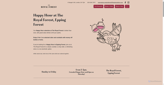 Security scan screenshot of https://royalforesteppingforest.com/happy-hour/?utm_source=Atreemo&utm_medium=email&utm_campaign=4728-HWI%20Summer%20Holidays