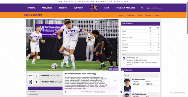 Security scan screenshot of https://gopurpleaces.com/news/2025/10/7/mens-soccer-unbeaten-streak-comes-to-a-close-as-aces-drop-defensive-battle-at-northwestern.aspx