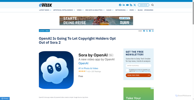 Security scan screenshot of https://www.eweek.com/news/news-sora-update-copyright/