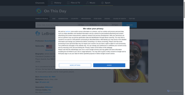 Security scan screenshot of https://www.onthisday.com/people/lebron-james