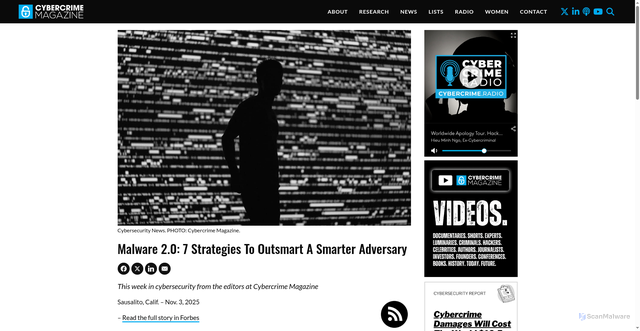 Security scan screenshot of https://cybersecurityventures.com/malware-2-0-7-strategies-to-outsmart-a-smarter-adversary/