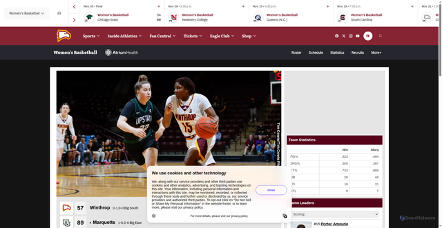 Security scan screenshot of https://winthropeagles.com/news/2025/11/3/womens-basketball-porter-pierfax-pace-eagles-in-road-loss-at-marquette.aspx