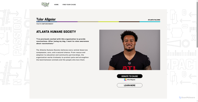 Security scan screenshot of https://mycausemycleats.org/player/tyler-allgeier/