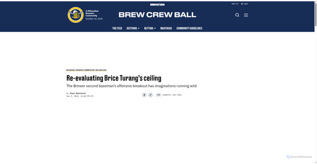 Security scan screenshot of https://www.brewcrewball.com/milwaukee-brewers-commentary-analysis/70929/re-evaluating-brice-turangs-ceiling