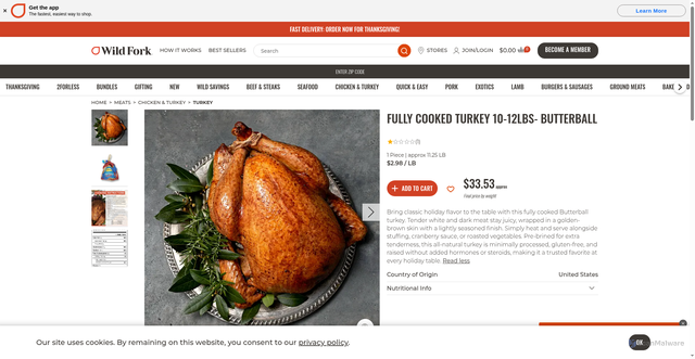 Security scan screenshot of https://wildforkfoods.com/products/butterball-fully-cooked-baked-turkey/?srsltid=AfmBOoqdLscJytPB-FWXYVXDKb0AIRd4Ke4PiA4YAGI5EX-0KN2udVS8
