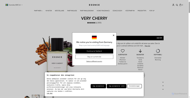 Security scan screenshot of https://checkout.essnce.se/products/very-cherry