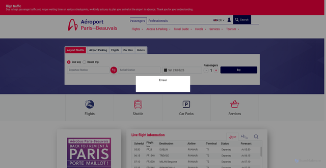 Security scan screenshot of https://www.aeroportparisbeauvais.com/en/passengers