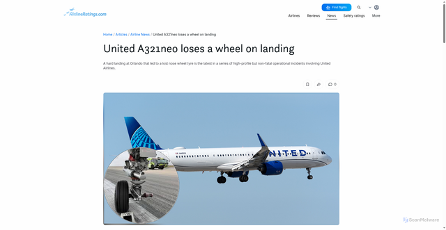 Security scan screenshot of https://www.airlineratings.com/articles/united-a321neo-loses-a-wheel-on-landing-