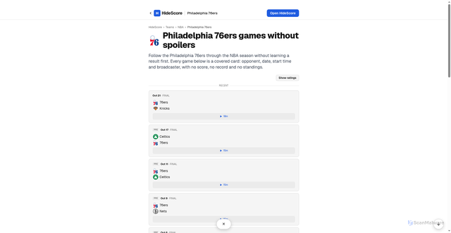 Security scan screenshot of https://hidescore.com/teams/nba/philadelphia-76ers
