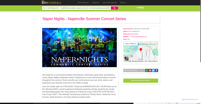 Security scan screenshot of https://dinenaperville.com/show/naper-nights-naperville-summer-concert-series-06202026