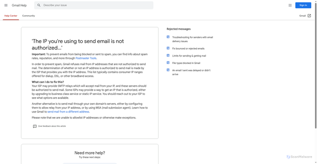 Security scan screenshot of https://support.google.com/mail/answer/10336?visit_id=639054208161794682-1032074490&p=NotAuthorizedError&rd=1