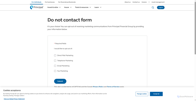Security scan screenshot of https://www.principal.com/do-not-contact-form
