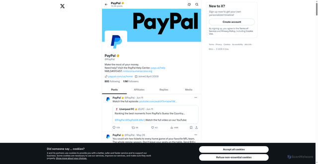 Security scan screenshot of https://x.com/PayPal?v=1%2C0.1&utm_source=unp&utm_medium=email&utm_campaign=RT002546&utm_unptid%FB1cbd-797e-11f1-b45c-ddcf953de950&ppid=RT002546&cnac=US&rsta=en_US%28en-US%29&unptid%FB1cbd-797e-11f1-b45c-ddcf953de950&calc=e945f3d1afef0&unp_tpcid=online-user-agreement-change-email&page=main%3Aemail%3ART002546&pgrp=main%3Aemail&e=re&mchn=em&s=ci&mail=sys&appVersion=1.423.0&tenant_name=PayPal&xt=182450%2C175543%2C104038%2C180509&xe=114833%2C114002%2C101255%2C114543&link_ref=twitter.com_paypal