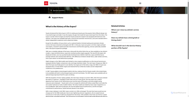 Security scan screenshot of https://support.toyota.com/s/article/What-is-the-history-o-7632