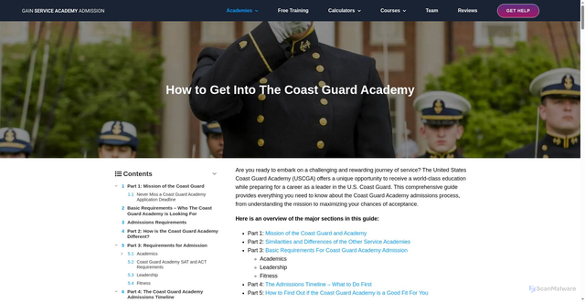 Security scan screenshot of https://www.gainserviceacademyadmission.com/coast-guard-academy/