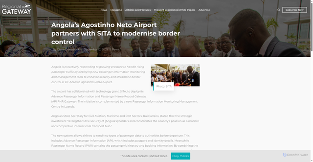 Security scan screenshot of https://www.regionalgateway.net/angolas-agostinho-neto-airport-partners-with-sita-to-modernise-border-control/