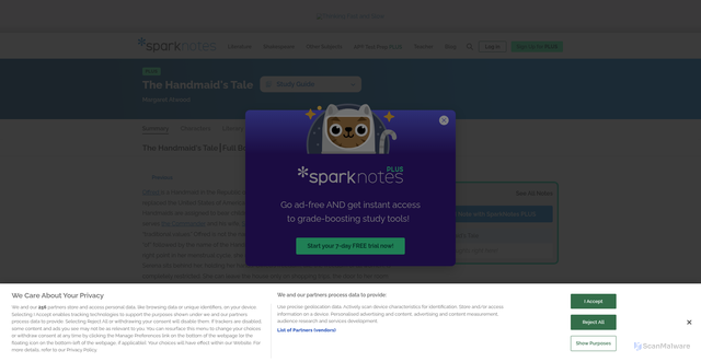 Security scan screenshot of https://www.sparknotes.com/lit/handmaid/summary/