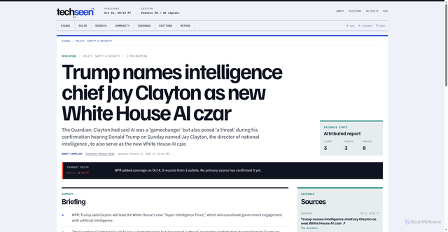 Security scan screenshot of https://techseen.com/story/spy-chief-and-ai-czar-trump-adds-to-jay-clayton-s-repertoire-b00e1d0