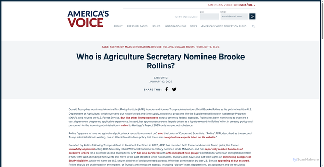 Security scan screenshot of https://americasvoice.org/blog/who-is-agriculture-secretary-nominee-brooke-rollins/