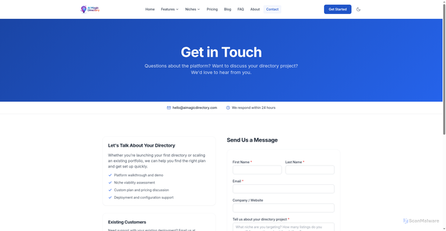 Security scan screenshot of https://aimagicdirectory.pages.dev/contact/