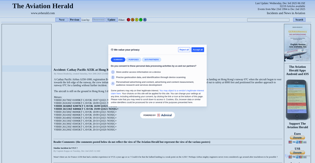 Security scan screenshot of https://avherald.com/h?article=530603f8&opt=0