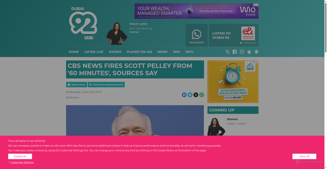 Security scan screenshot of https://www.dubai92.com/news/entertainment/cbs-news-fires-scott-pelley-from-60-minutes-sources-say/