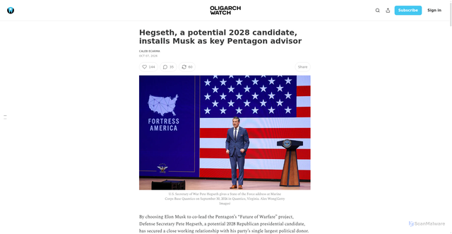 Security scan screenshot of https://oligarchwatch.substack.com/p/hegseth-a-potential-2028-candidate