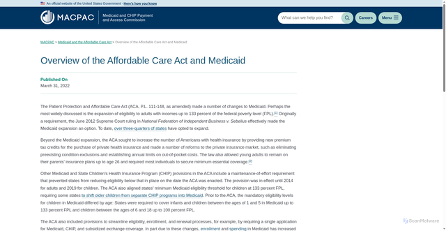 Security scan screenshot of https://www.macpac.gov/subtopic/overview-of-the-affordable-care-act-and-medicaid/