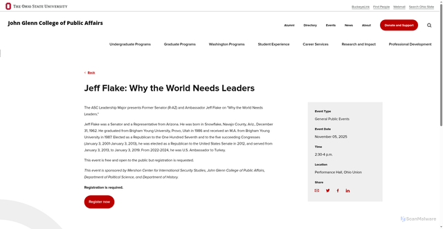 Security scan screenshot of https://glenn.osu.edu/events/jeff-flake-why-world-needs-leaders
