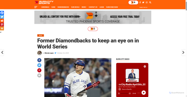 Security scan screenshot of https://burncitysports.com/2025/10/23/former-diamondbacks-players-ws-2025/