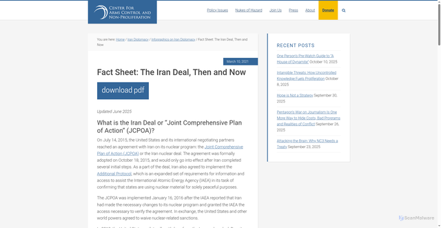 Security scan screenshot of https://armscontrolcenter.org/the-iran-deal-then-and-now/