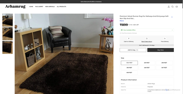 Security scan screenshot of https://arhamrug.shop/Premium-Velvet-Runner-Rug-For-Hallways-And-Entryways-Soft-Non/catalogue/NRkHfOm_/thoSODY1