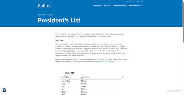 Security scan screenshot of https://rollins-edu-website-ssg.pages.dev/president/presidents-list/