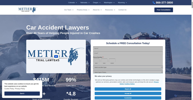 Security scan screenshot of https://www.metierlaw.com/nationwide-car-accident-lawyers