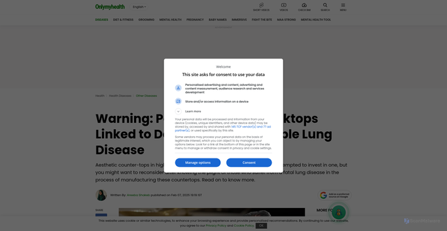 Security scan screenshot of https://www.onlymyhealth.com/kitchen-worktops-linked-to-silicosis-lung-disease-study-12977821200