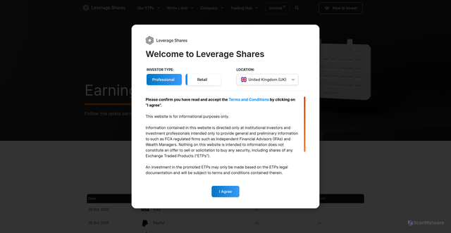 Security scan screenshot of https://leverageshares.com/en/earnings-calendar/