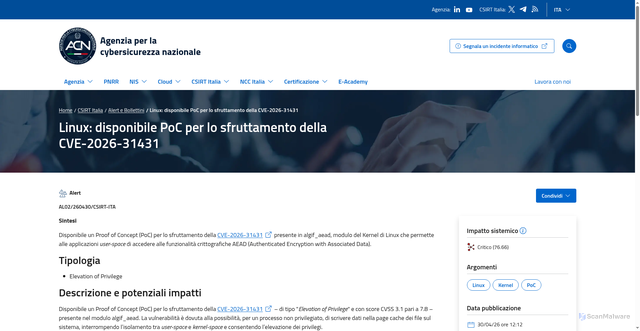 Security scan screenshot of https://www.acn.gov.it/portale/web/guest/-/linux-disponibile-poc-per-lo-sfruttamento-della-cve-2026-31431
