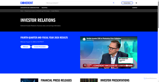 Security scan screenshot of https://www.coherent.com/company/investor-relations