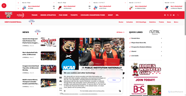 Security scan screenshot of https://siuecougars.com/sports/mens-basketball