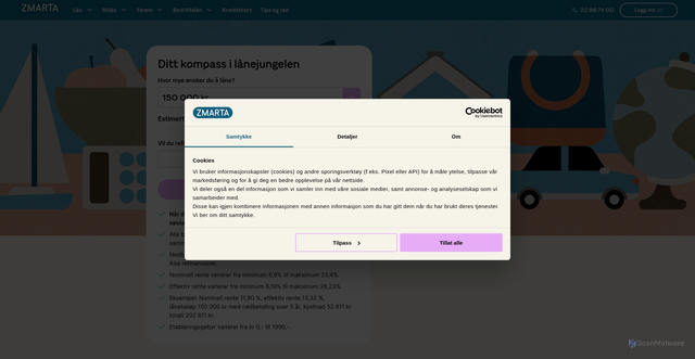 Security scan screenshot of https://xn--billigstbilln-0fb.no/go/zmarta/