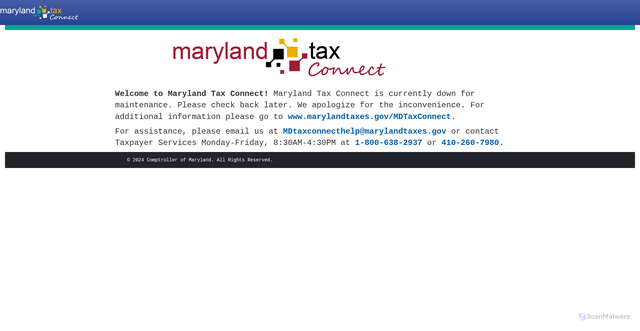 Security scan screenshot of https://mdtaxconnect.gov/maintenance.html