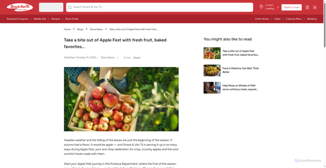 Security scan screenshot of https://www.strackandvantil.com/blog/take-a-bite-out-of-apple-fest-with-fresh-fruit-baked-favorites-and-more-at-strack-van-til/?srsltid=AfmBOornxXxZfpRHM0YN5ymDKWgjpmT2uDm2XzHsL5FZHKT94vrfN5D6