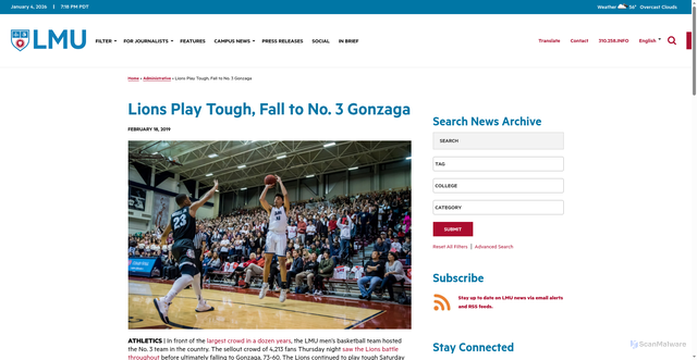 Security scan screenshot of https://newsroom.lmu.edu/administrative/lions-play-tough-fall-to-no-3-gonzaga/