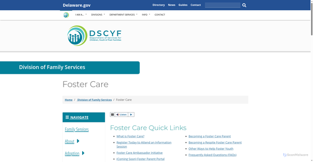Security scan screenshot of https://kids.delaware.gov/family-services/foster-care/