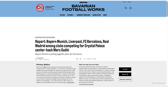 Security scan screenshot of https://www.bavarianfootballworks.com/bayern-munich-transfer-news-rumors/141548/bayern-munich-liverpool-fc-barcelona-real-madrid-crystal-palace-center-back-marc-guehi