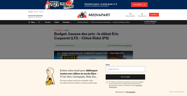Security scan screenshot of https://www.mediapart.fr/journal/economie-et-social/220926/budget-hausse-des-prix-le-debat-eric-coquerel-lfi-chloe-ridel-ps
