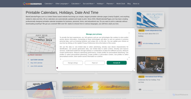 Security scan screenshot of https://blankcalendarpages.com