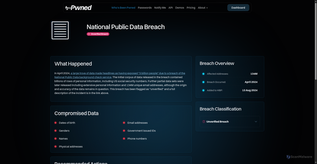 Security scan screenshot of https://haveibeenpwned.com/Breach/NationalPublicData