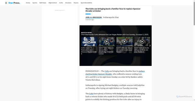 Security scan screenshot of https://www.thestarpress.com/story/sports/nfl/colts/2025/10/07/michael-badgley-spencer-shrader-colts-kicker/86569072007/